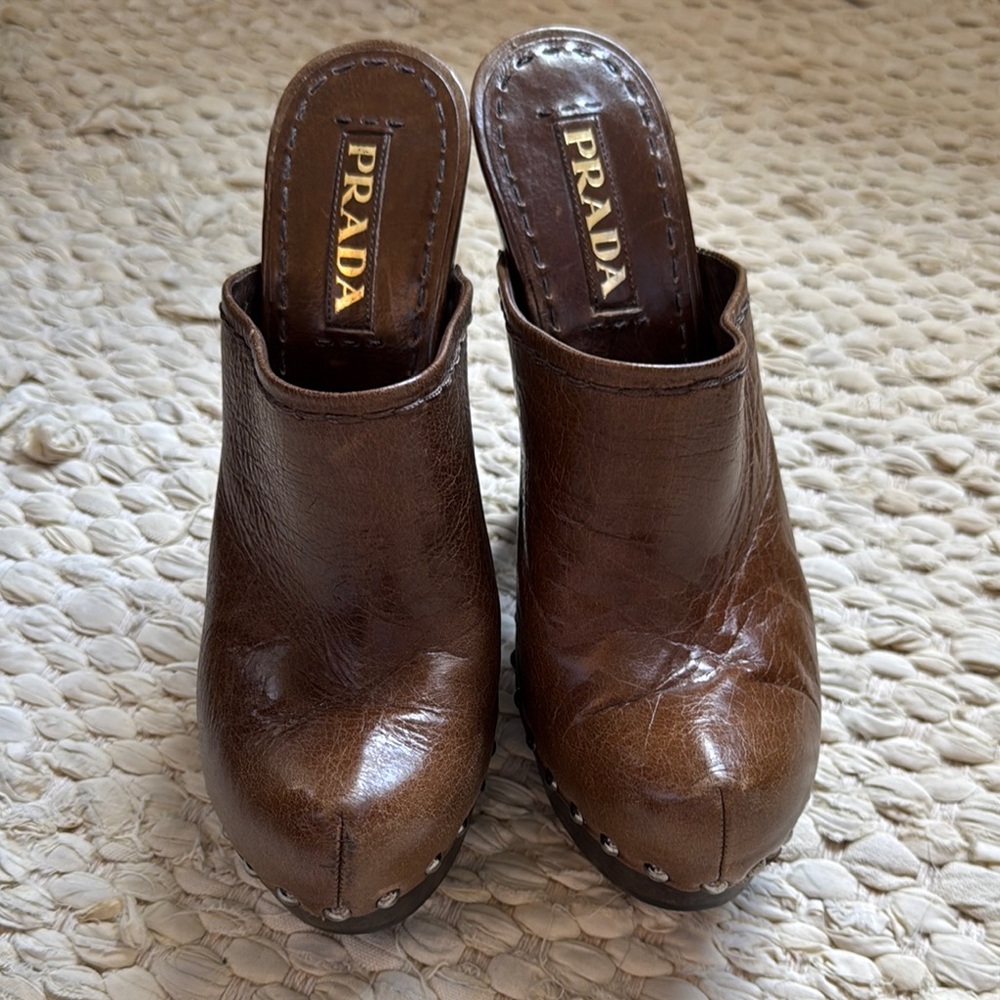 Prada - size 37 - Brown Leather Mules with Wooden Platform - Picture 8 of 9